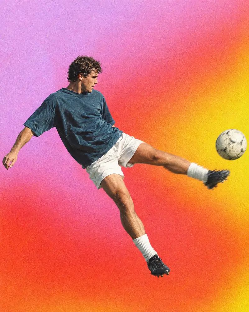 Pieza editorial DVP: futbolista en el aire rematando de volea