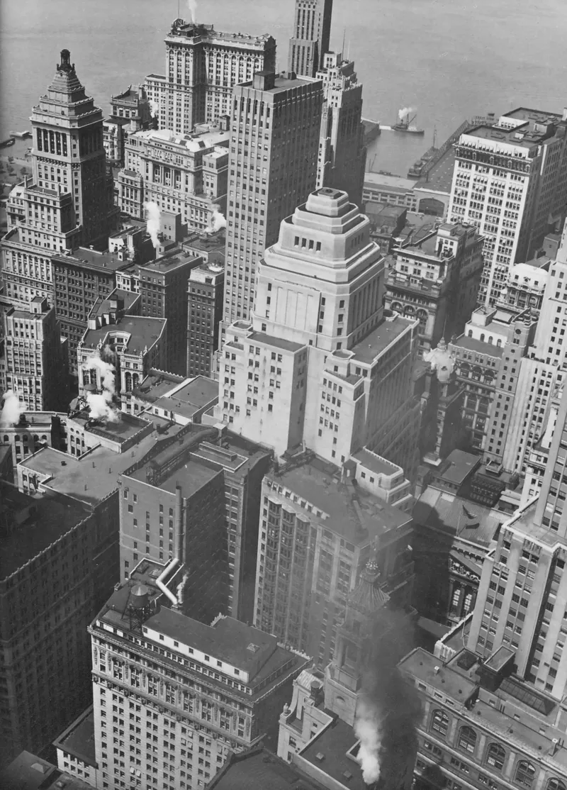 Vista histórica de varios edificios del distrito financiero de Nueva York